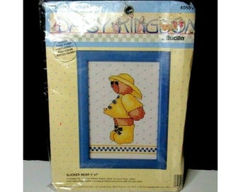 Bucilla Daisy Kingdom Cross Stitch Kit Slicker Bear Raincoat 1991
