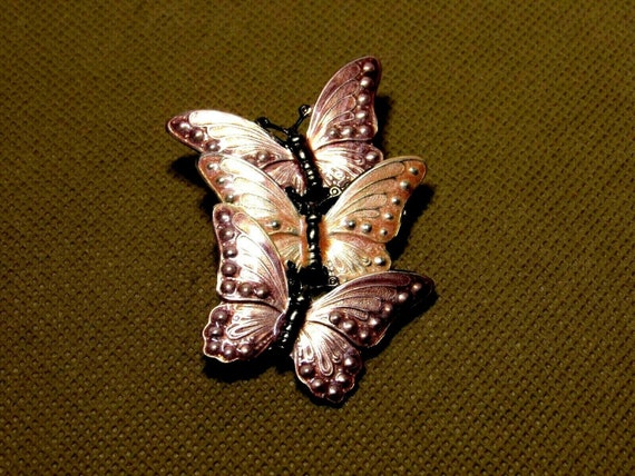 VTG Butterflies Brooch Enameled Filigree 3 Purple… - image 5