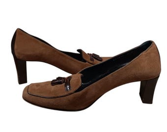 VTG Cole Haan Leather Suede Tassel Loafter with Block Heels Made in Italy 7B