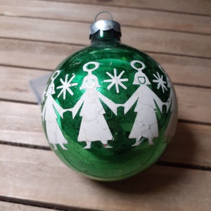 Vtg Christmas Glass Ornament Green with White Painted Angels USA Made  3&quot;