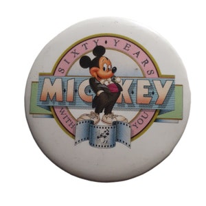 VTG Pinback Button Disney Co Mickey Standing on Film Cut Image Sixty Years 1988