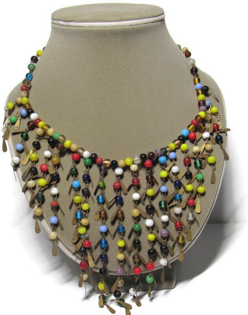 India Souvenir Necklace Multicolor Glass Beads Dangle Drop Brass Metal Boho