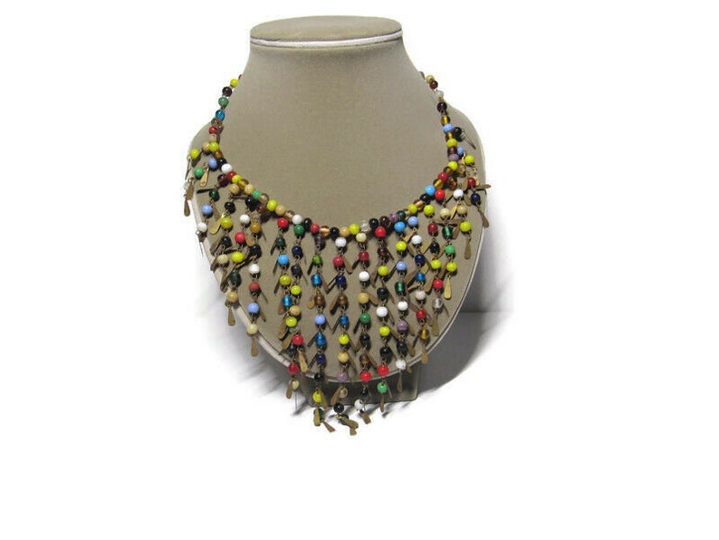 India Souvenir Necklace Multicolor Glass Beads Dangle Drop Brass Metal Boho