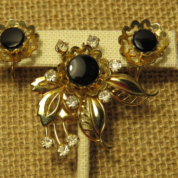 Vintage Rhinestone Floral with Black Stone Center Brooch/Pendant Screw On Earrings 3 Piece Combo 1940's