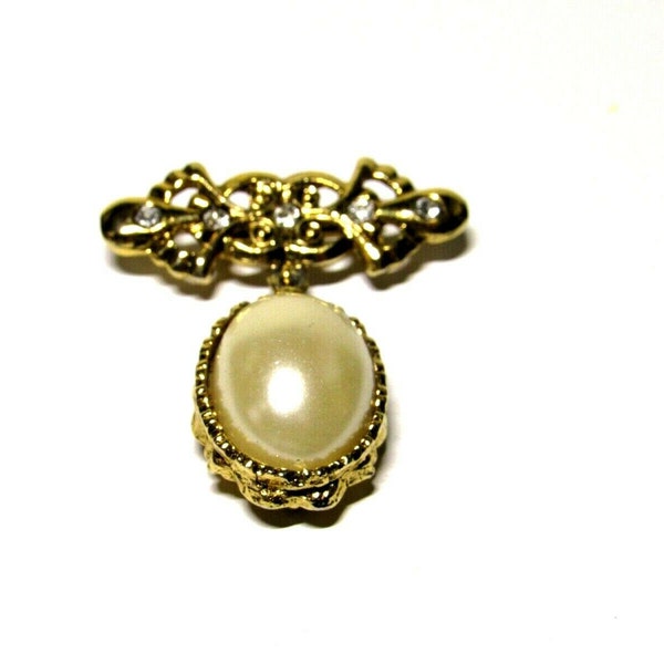 VTG Brooch Gold Tone Rhinestone Banner Dangle Drop Pearlized Oval Cabochon