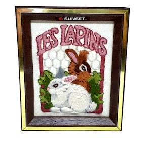 Vtg 1982 Sunset Les Lapins Crewel French The Rabbits 5&quot; x 6&quot; Completed Framed
