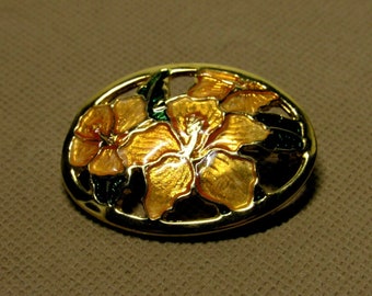 Broche Vintage En émail Cloisonné - Motif Hibiscus Bleu Vert Jaune, Finition Or, Bijou Ancien