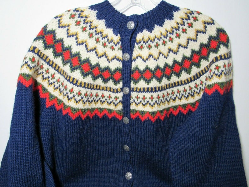 Vtg Wool Cardigan Sweater Hand Knit Norway Norsk Handsteikk AS Bergen L Fair Isle Holes