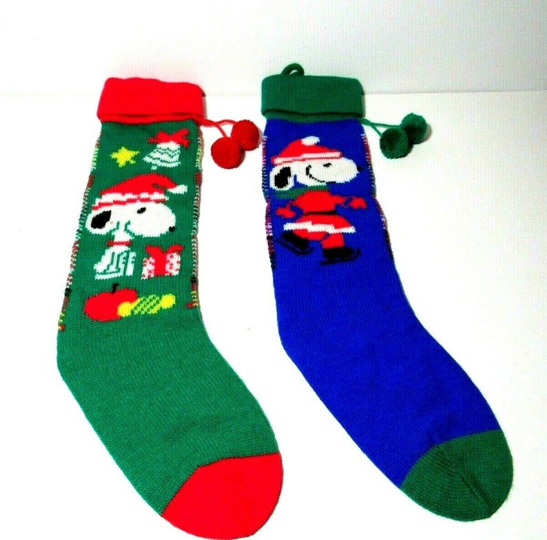 Two Peanuts Snoopy Christmas Stockings Knit Ice Skating | Etsy