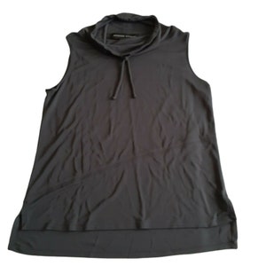 May include: A charcoal gray sleeveless top with a mock neck and a drawstring detail. The top has a longer hem in the back.