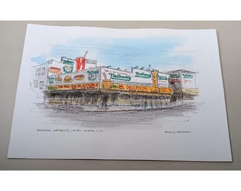 Original Nathan's Coney Island NYC water Color Pen Ink Sketch by Harold Radcliff