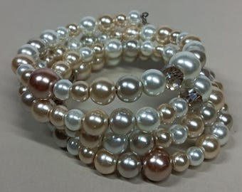 Vintage Mid Century Memory Wire Wrap Bracelet Imitation Pearls Aurora Borealis