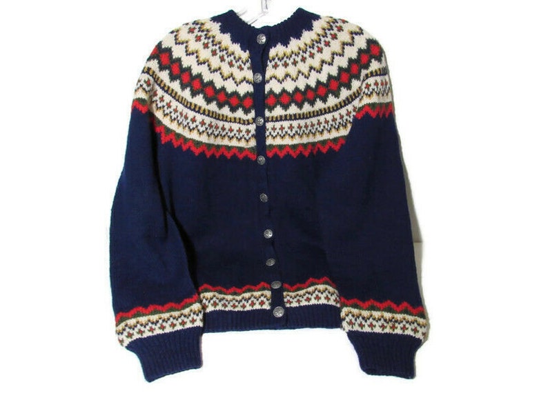 Vtg Wool Cardigan Sweater Hand Knit Norway Norsk Handsteikk AS Bergen L Fair Isle Holes