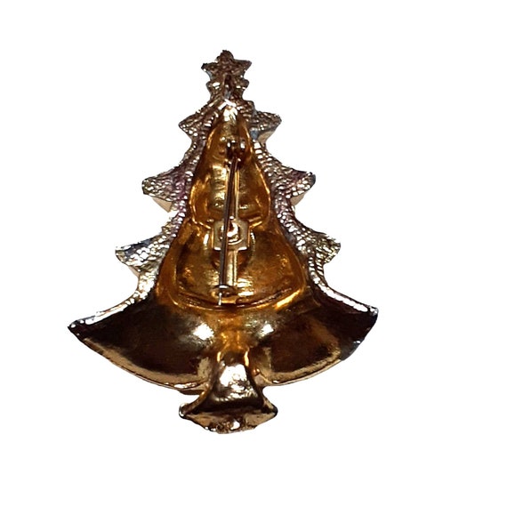 VTG Christmas Tree Brooch Gold Tone Clear Rhinest… - image 3