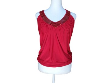 Y2K rode top met lovertjes en v-hals, feestelijke feestblouse