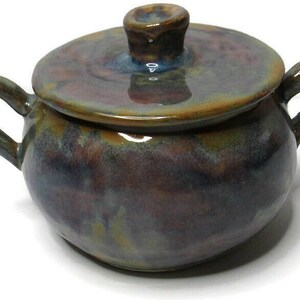 Studio Pottery Jar Lidded Knob Multi-Color Luster Glaze Two Handles Sugar