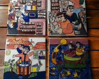 Hand Painted Pottery Tiles Studio Art Eclectic Abstract Bright Colors  4.4"