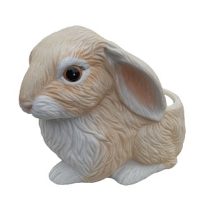 Könnte beinhalten: Ein Keramik-Pflanztopf in Form eines braunen und weißen Kaninchens. Das Kaninchen hat eine weiße, flauschige Brust und ein rosa Ohr.