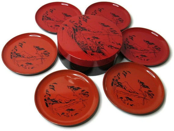 VTG OMC Lacquered 4 Round Coasters Japan Mount Fuji Travel Souvenir Mid Century