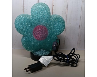 Plastic Melted Popcorn Lamp w/ Roller Switch Blue Flower Pink Center Night Light