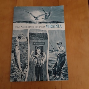 Pesca deportiva en agua salada en Virginia Ephemera Mapa desplegable y gráfico de carnada Años 60