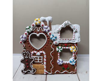 VTG Christmas Picture Frame Gingerbread House for 3 1x1" Photos Resin 1990s