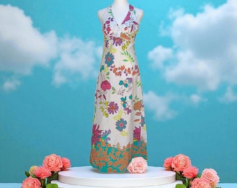 VTG 1970s Halter Maxi Sundress Smocked Bold Flowers Vacation Aloha Hawaiian 4