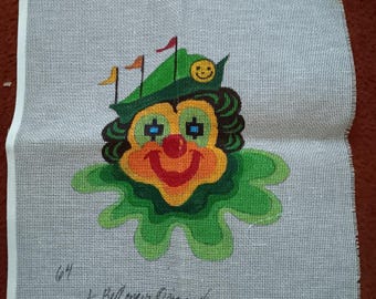 Handgeschilderd borduurpatroon op canvas: circusclown, 1964, voor een vierkant kussen van 35,5 x 35,5 cm.