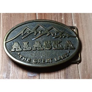 Vintage Brass Alaska Belt Buckle: 1977 Snow Cap Mountain Souvenir