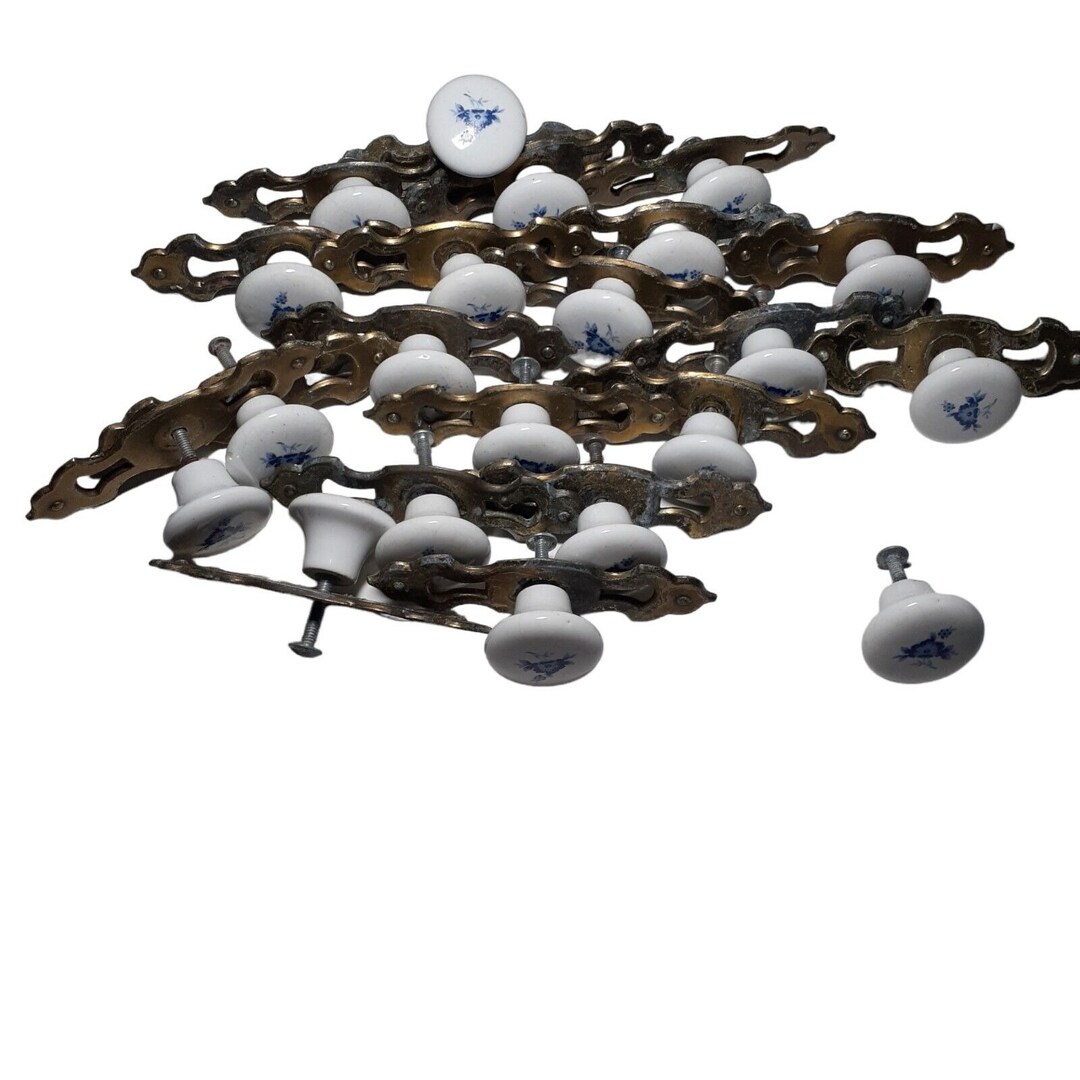 VTG Blue Delft Floral Ceramic Kitchen Drawer Pull Knobs W