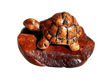 Vintage Wood Carved Tortoise Turtle on Base 4.4"