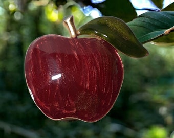 Vintage TC Signed Brooch Jewelry Red Enameled Apple Gold Tone Pin Teacher Gift