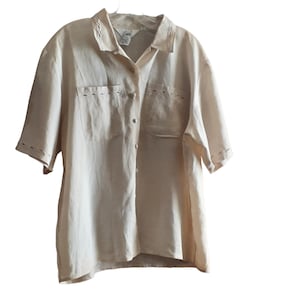 Blusa de manga corta de lino bordado corte trabajo botones cubiertos unión hecha VTG