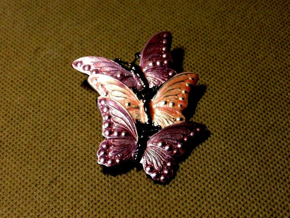 VTG Butterflies Brooch Enameled Filigree 3 Purple… - image 2