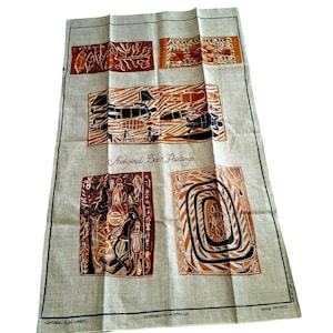 Natural Flax Linen Towel Australia Souvenir Aboriginal Bark Paintings Art 30x20&quot;
