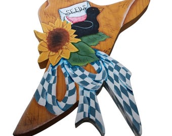 1980s 1990s Wall Decor Sunhat Sunflower Crow Seeds Blue Plain Bow 13" x 10.5"
