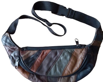 Vintage 1980s Fanny Pack Waist Bag Genuine Patchwork Leather 2 pockets 10x5