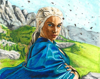 May include: A woman with long, white hair and blue eyes stands in a field with a mountain range in the background. She is wearing a long, blue cape and a blue dress. There are many birds flying in the sky.