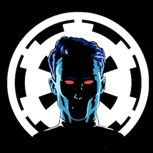 May include: A blue-skinned man with red eyes stands in front of a white Imperial symbol. The symbol is a circle with a cross inside, and the man is wearing a dark suit.