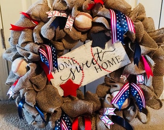 Home sweet home/ baseball/ Burlap wreath/ Americana Wreath/ Burlap Baseball wreath /red white and blue/ American flag ribbon/real baseballs