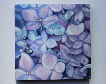 Pittura ad olio originale Fiori di ortensie blu viola 8x8 pollici