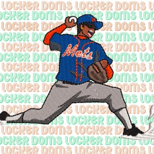 Może przedstawiać: Gracz baseballowy w niebiesko-pomarańczowym stroju z napisem "Mets" z przodu, znajduje się w pozycji do rzutu z białą piłką baseballową w prawej ręce. Gracz nosi niebieską czapkę baseballową z białym logo.