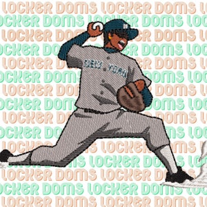 May include: A baseball player in a gray uniform with the text "New York" on the front, is in a pitching position with a white cloud of dust behind the player's left foot. The player is wearing a blue baseball cap with a white logo.