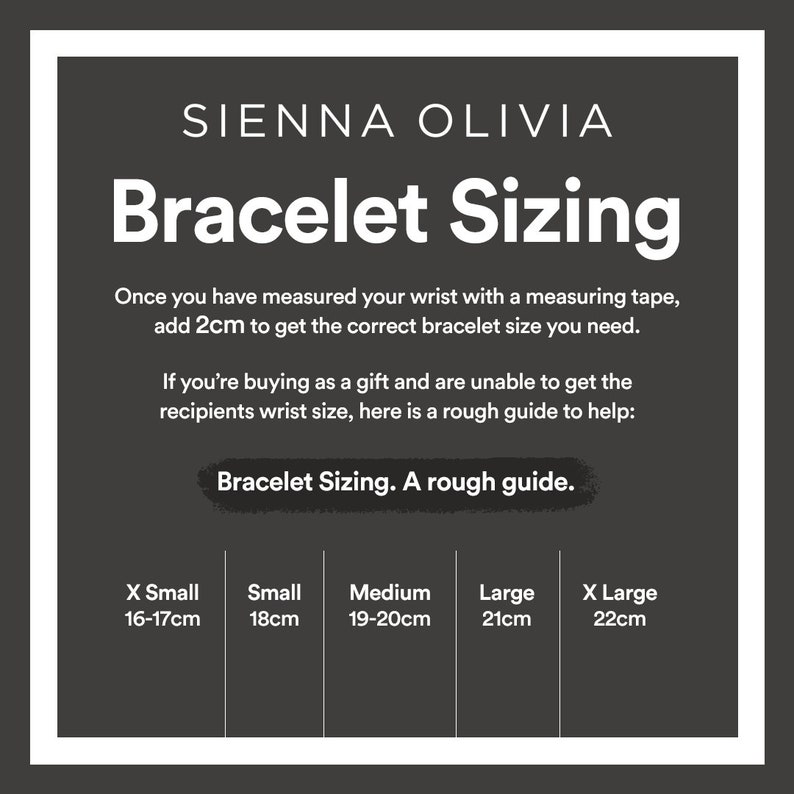 Op de afbeelding: Een grafiek met een maattabel voor armbanden van Sienna Olivia. De grafiek toont de armbandmaat in centimeters voor XS, S, M, L en XL.