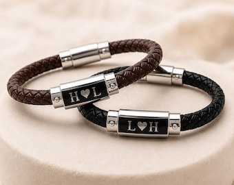 Couples Bracelet • Personalised Leather Bracelet for Him & Her • Matching Couple Bracelets • Anniversary Gift for Boyfriend