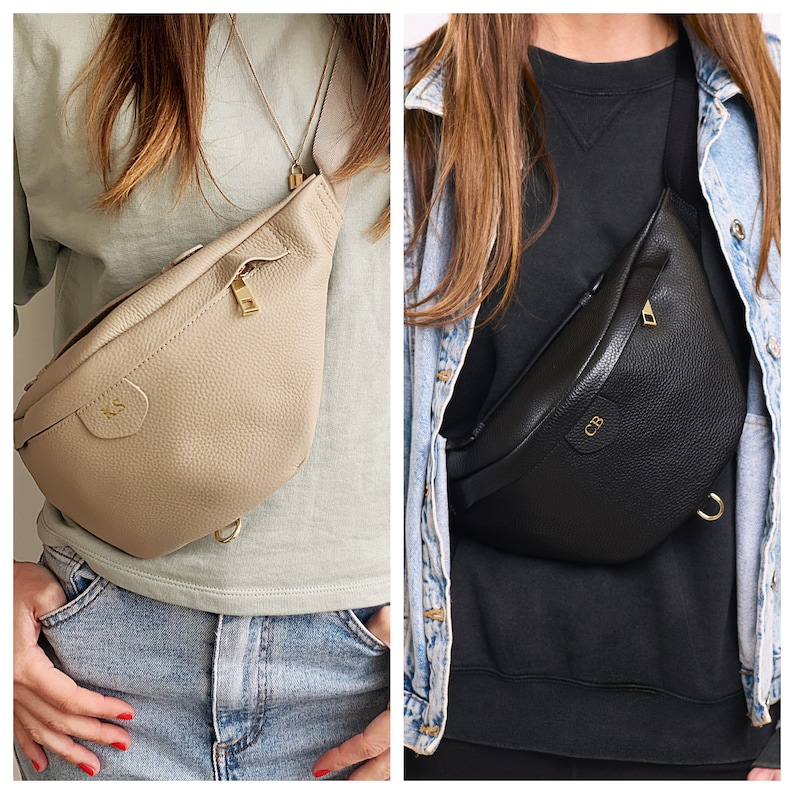 Personalised Leather Bum Bag Available in Stone or Black image 1