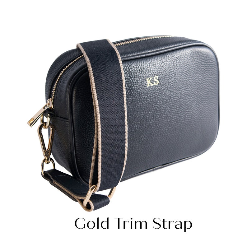 Personalised Leather Bag Detachable Straps Personalised Leather Cross Body Bag + Gold Trim