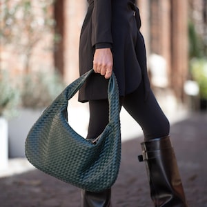 Geflochtene Leder Umhängetasche, Umhängetasche Leder, Schultertasche Forest Green