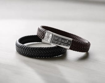 Long-distance relationship gift - Personalised men's leather bracelet - couples bracelet - boyfriend gift