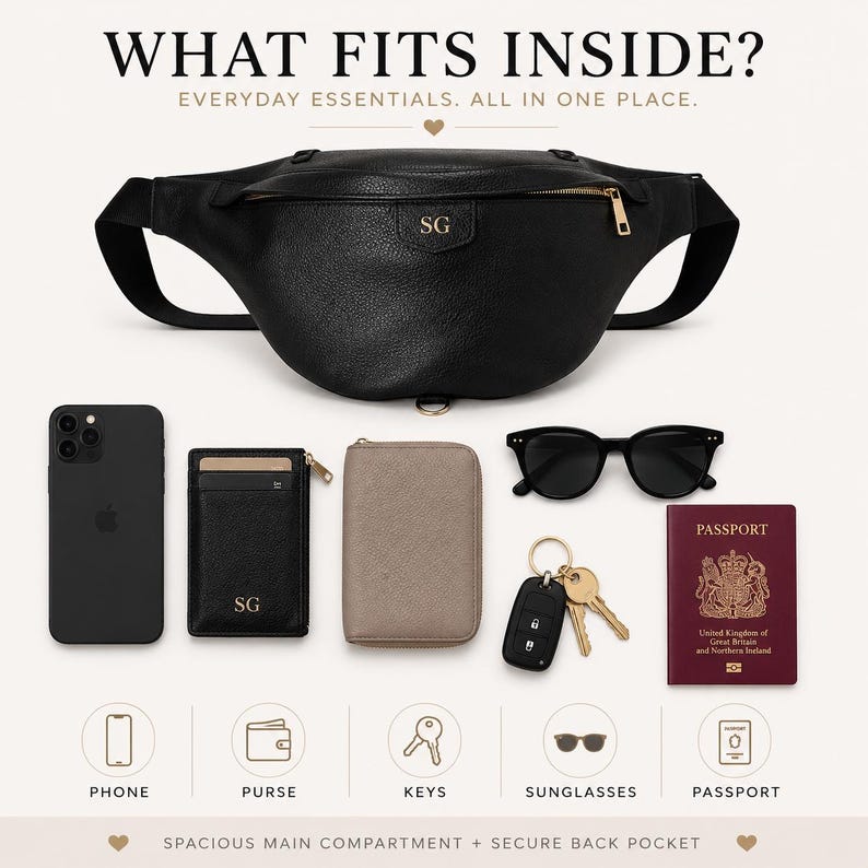 Peut inclure: Un sac banane en cuir noir avec fermeture &eacute;clair dor&eacute;e et monogramme SG. Les articles pr&eacute;sent&eacute;s incluent un smartphone noir, un porte-cartes noir avec monogramme SG, un portefeuille beige, des lunettes de soleil noires, des cl&eacute;s et un passeport.
